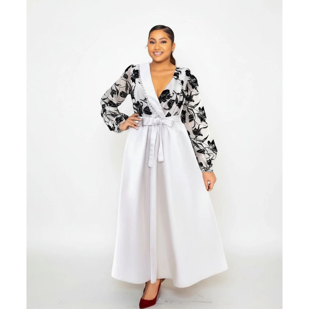 Floral Lace Sleeves V-Neck Elegant Satin Maxi Dress 💐✨👗