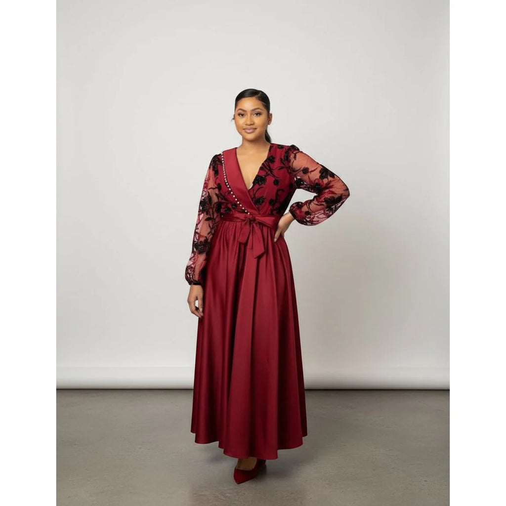 Floral Lace Sleeves V-Neck Elegant Satin Maxi Dress 💐✨👗