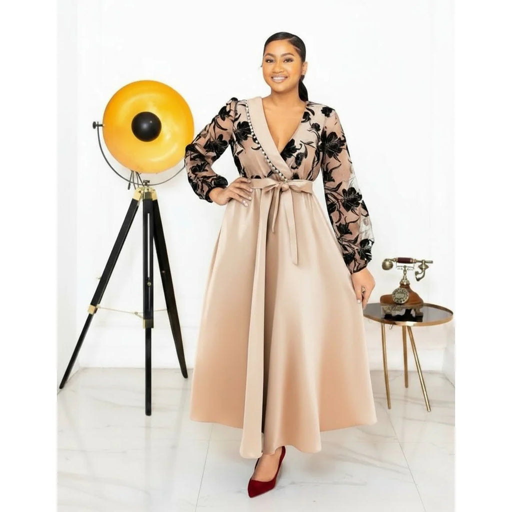 Floral Lace Sleeves V-Neck Elegant Satin Maxi Dress 💐✨👗